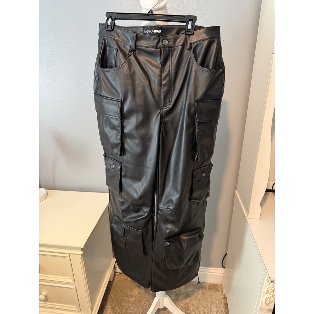 Fashion Nova Something About You Black Faux Leather Cargo Pants XL LP10698BFN